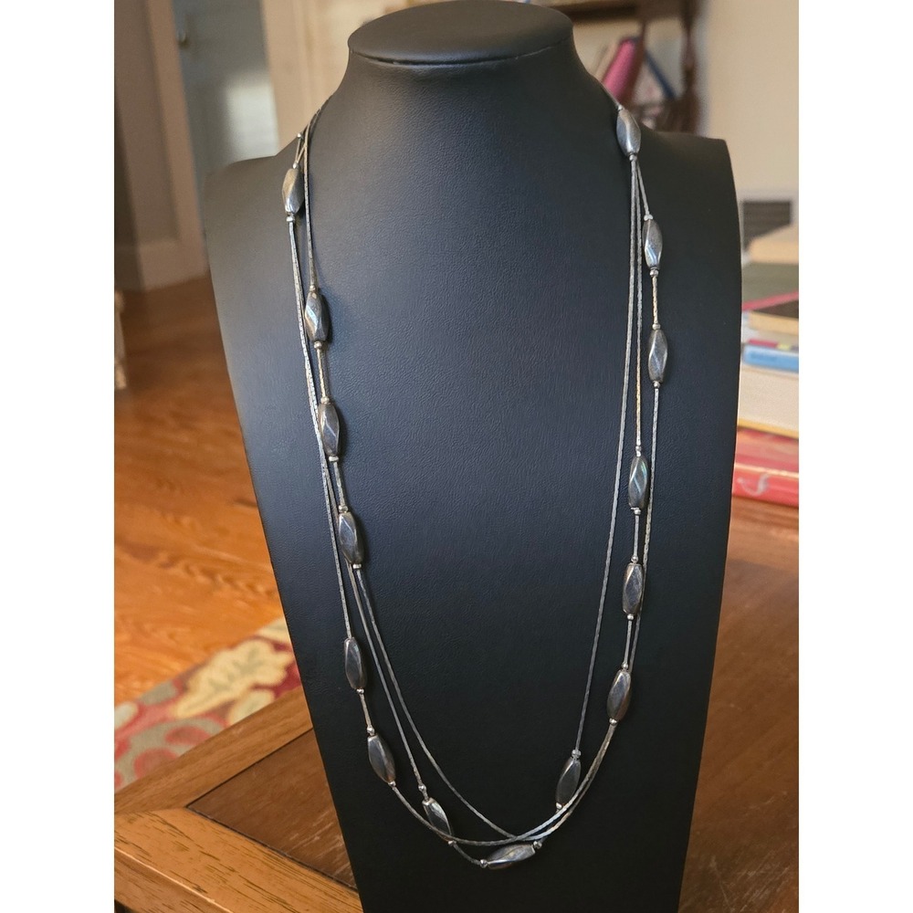 Multistrand Silvertone Station Bead Necklace Vintage 22in